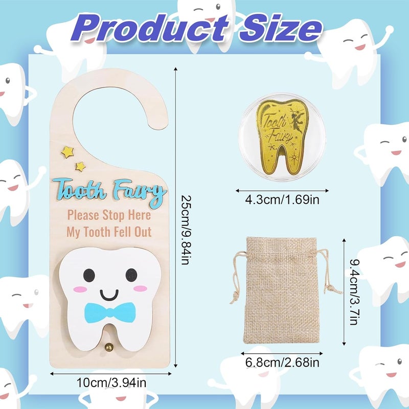 ZingFsh Tooth Fairy Tooth Holder，Tooth Fairy Door Hanger with Money Slot, Gold Coins and Cute Bags，Tooth Fairy Gifts for Girls Boys, First Milk Teeth Loss Tooth Fairy Pouch (Blue) - Image 2